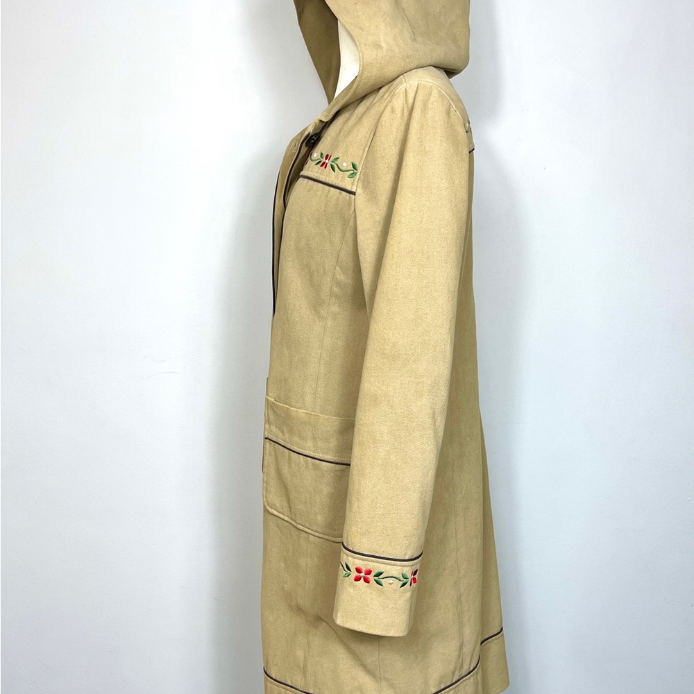 Vintage 1990s Floral Embroidered Camel Colored Coat with Hoodie Size Small - Picture 7 of 12